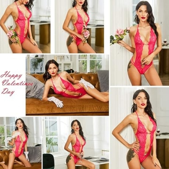 One Piece Nightie Lingerie Sexy Lace Bodysuit Deep V Teddy Nightgown Rose Red - Picture 5 of 7